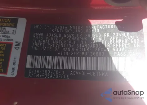 2011 Toyota Camry Le from USA, damaged, VIN 4T1BF3EK2BU136883